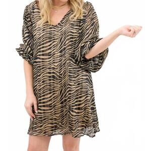 NEW ADRIENNE tiger print balloon sleeve mini dress in black tan